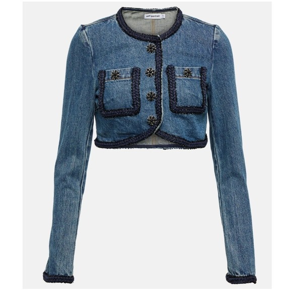 Self-Portrait‎ Denim Jacket Cropped Embellished Buttons Pockets Blue 10 - Picture 1 of 12